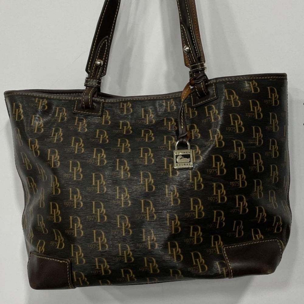 Dooney & Bourke Dark Brown Monogram Tote with Gold Logo Charm Used